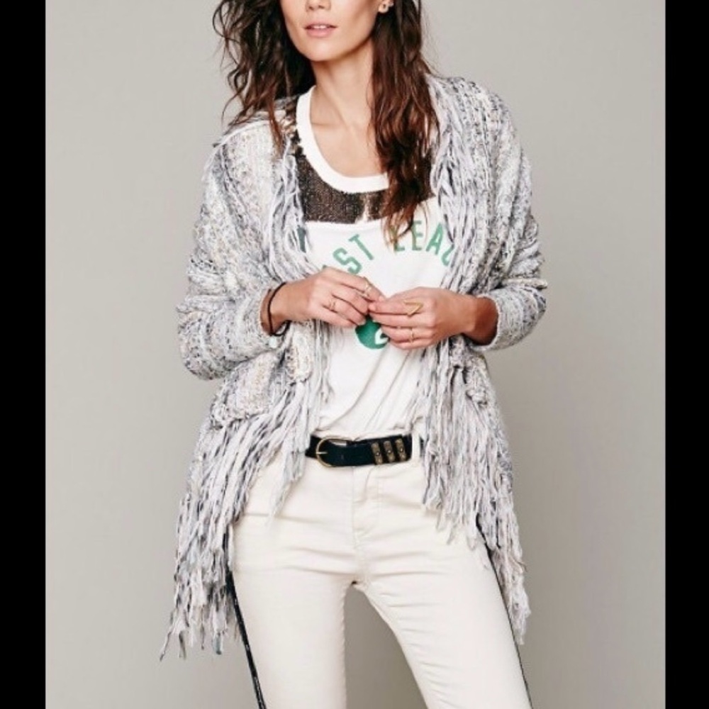 Free People Fringe Cardigan Sweater - Cream and Gray - Birkenstock - M